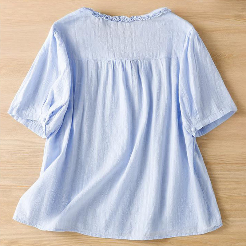 Buddha Stones Jacquard Plissee Rüschenbesatz Design V-Ausschnitt Kurzarm Damen Shirt - image 6