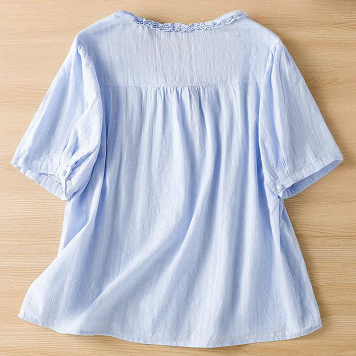 Buddha Stones Jacquard Plissee Rüschenbesatz Design V-Ausschnitt Kurzarm Damen Shirt - image 6