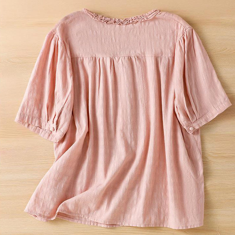 Buddha Stones Jacquard Plissee Rüschenbesatz Design V-Ausschnitt Kurzarm Damen Shirt - image 20