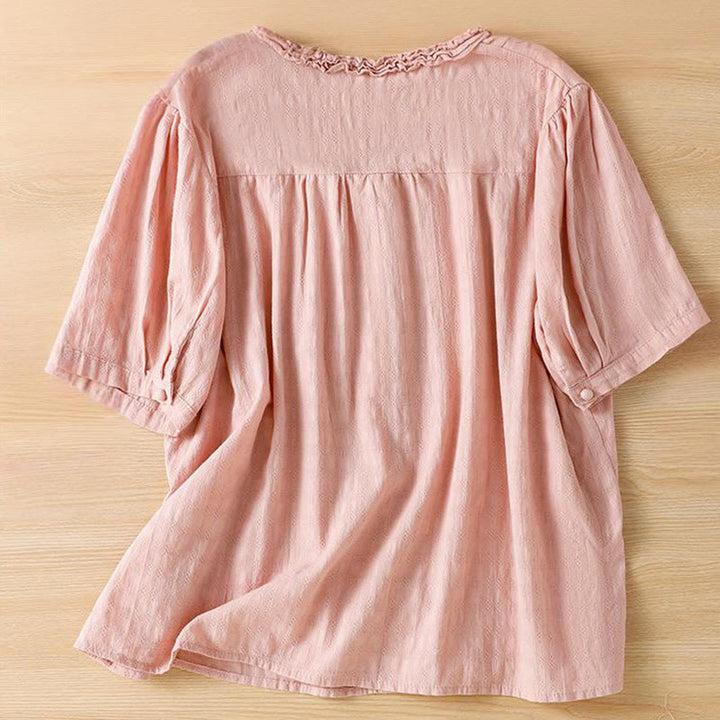Buddha Stones Jacquard Plissee Rüschenbesatz Design V-Ausschnitt Kurzarm Damen Shirt - image 20