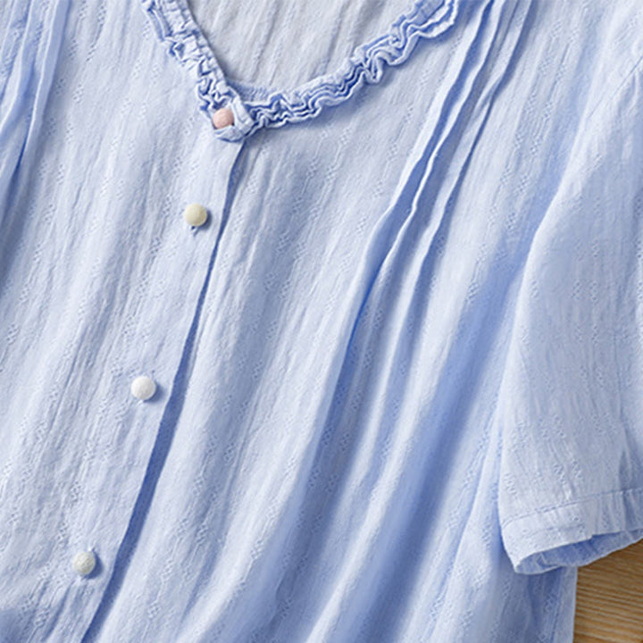 Buddha Stones Jacquard Plissee Rüschenbesatz Design V-Ausschnitt Kurzarm Damen Shirt - image 8