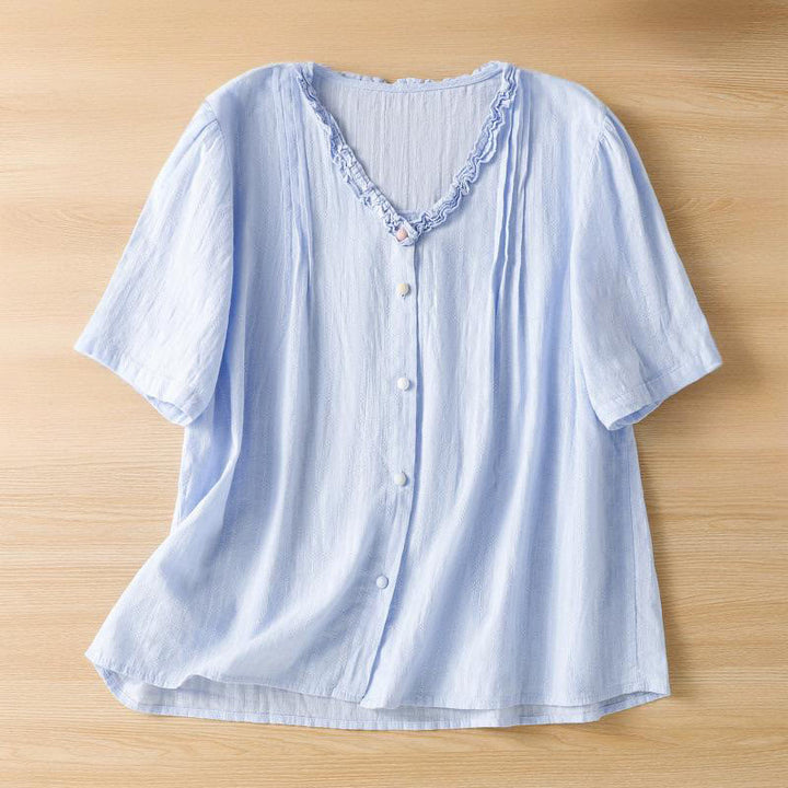 Buddha Stones Jacquard Plissee Rüschenbesatz Design V-Ausschnitt Kurzarm Damen Shirt - KornblumeBlau - US14， UK/AU18，EU46 (2XL) - image 5