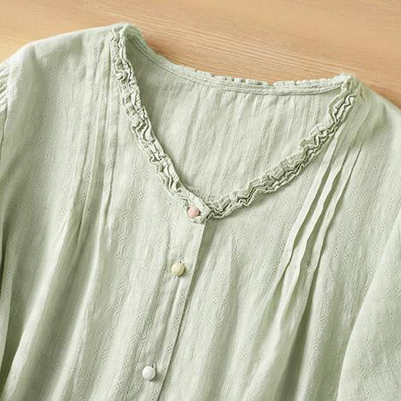 Buddha Stones Jacquard Plissee Rüschenbesatz Design V-Ausschnitt Kurzarm Damen Shirt - image 3