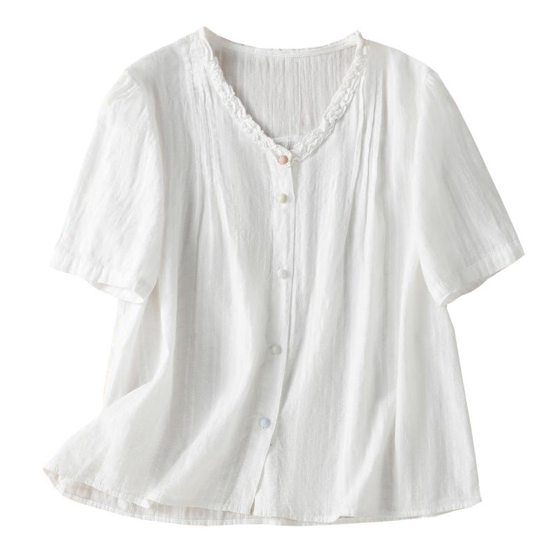 Buddha Stones Jacquard Plissee Rüschenbesatz Design V-Ausschnitt Kurzarm Damen Shirt - image 18