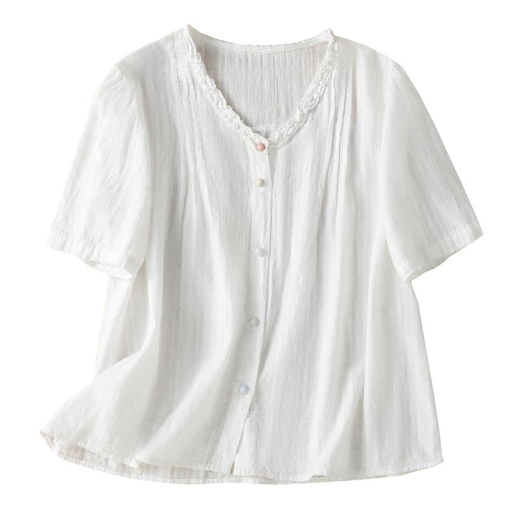 Buddha Stones Jacquard Plissee Rüschenbesatz Design V-Ausschnitt Kurzarm Damen Shirt - image 18