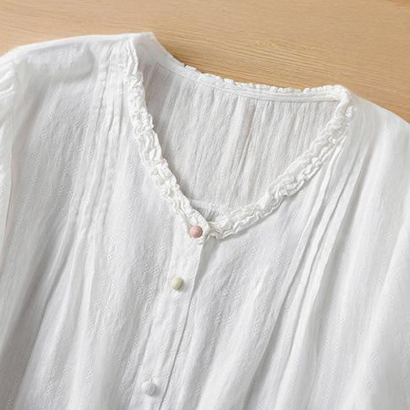 Buddha Stones Jacquard Plissee Rüschenbesatz Design V-Ausschnitt Kurzarm Damen Shirt - image 16