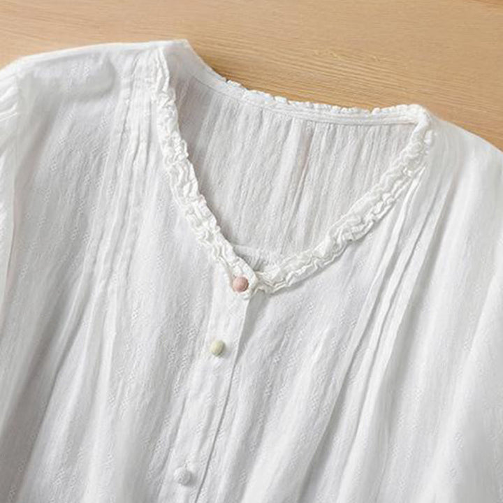 Buddha Stones Jacquard Plissee Rüschenbesatz Design V-Ausschnitt Kurzarm Damen Shirt - image 16