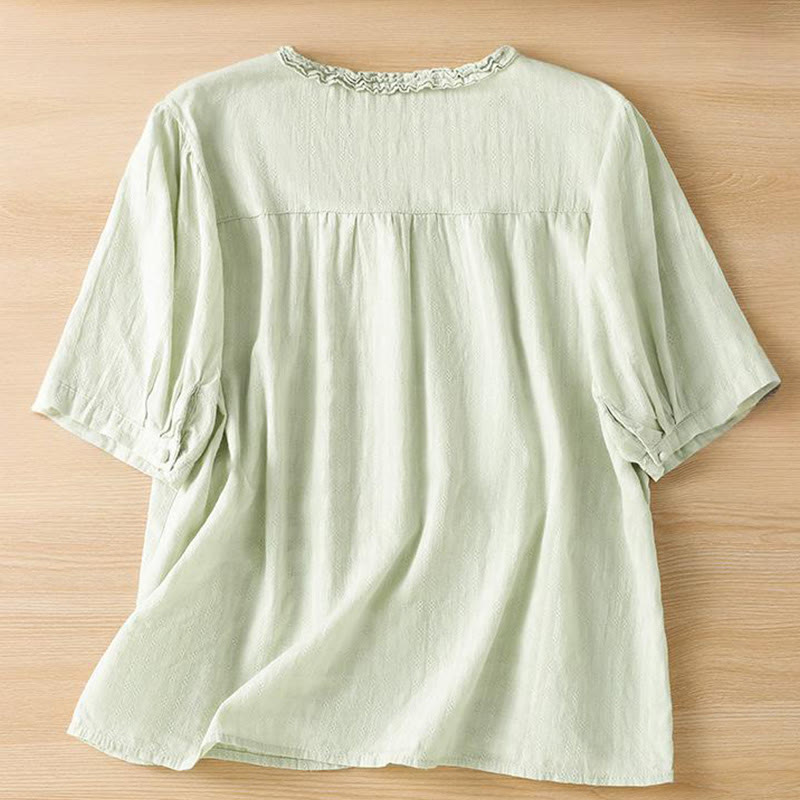 Buddha Stones Jacquard Plissee Rüschenbesatz Design V-Ausschnitt Kurzarm Damen Shirt - image 2