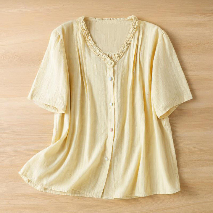 Buddha Stones Jacquard Plissee Rüschenbesatz Design V-Ausschnitt Kurzarm Damen Shirt - Hellgelb - US14， UK/AU18，EU46 (2XL) - image 9