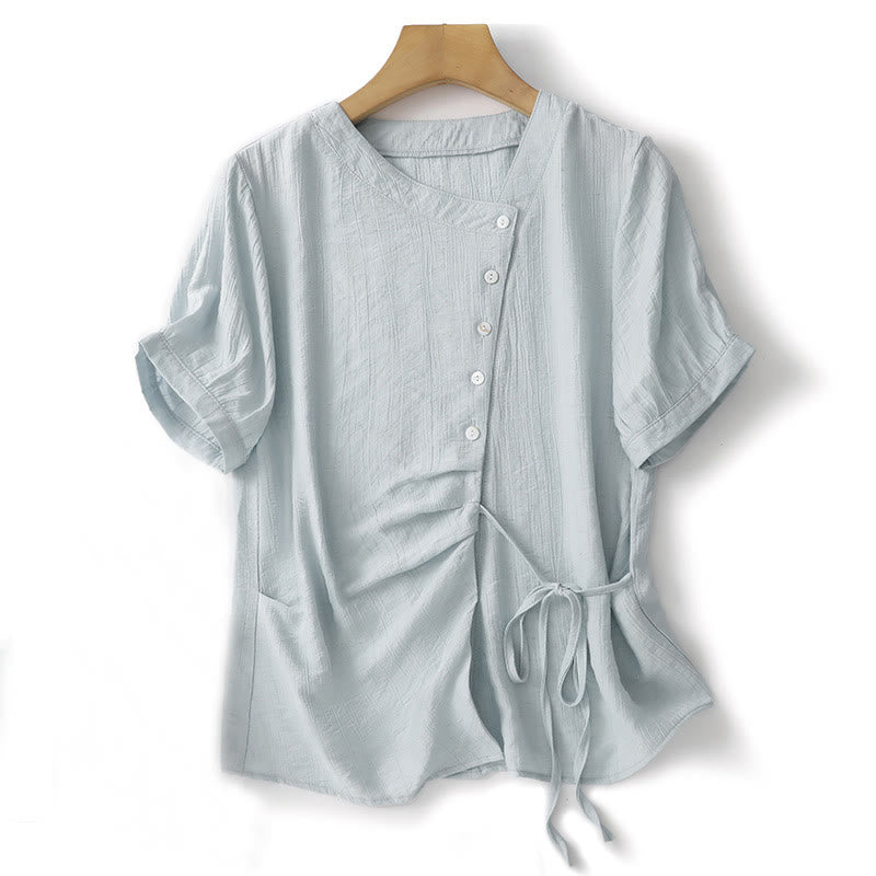 Buddha Stones Schlichtes, asymmetrisches Puff-Kurzarm-Baumwollhemd für Damen - PowderBlue - US8-10， UK/AU12-14，EU40-42 (2XL) - image 1