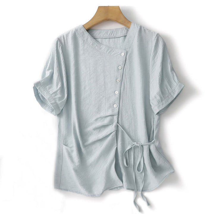 Buddha Stones Schlichtes, asymmetrisches Puff-Kurzarm-Baumwollhemd für Damen - PowderBlue - US8-10， UK/AU12-14，EU40-42 (2XL) - image 1