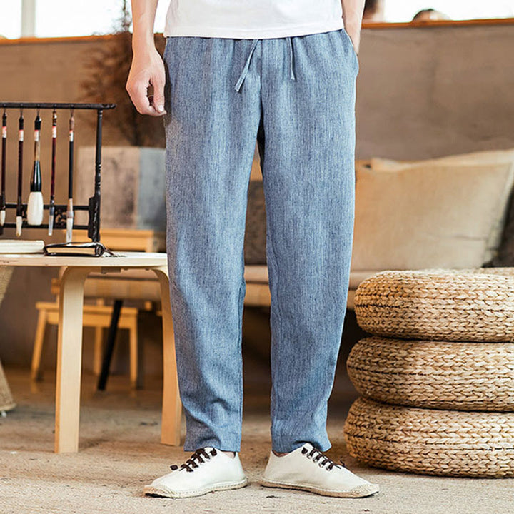 Buddha Stones – Einfarbige, schmal zulaufende Herrenhose aus Leinen mit Kordelzug und Taschen - Hellstahlblau - US/ UK/AU46，EU56 (5XL) - image 27