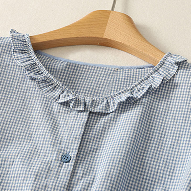 Buddha Stones Spring Plaid Rüschen Rundhalsausschnitt Design Dreiviertelärmel Baumwolle Damen Shirt - image 2