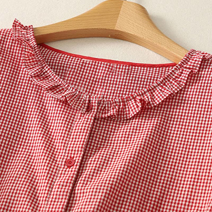 Buddha Stones Spring Plaid Rüschen Rundhalsausschnitt Design Dreiviertelärmel Baumwolle Damen Shirt - image 8