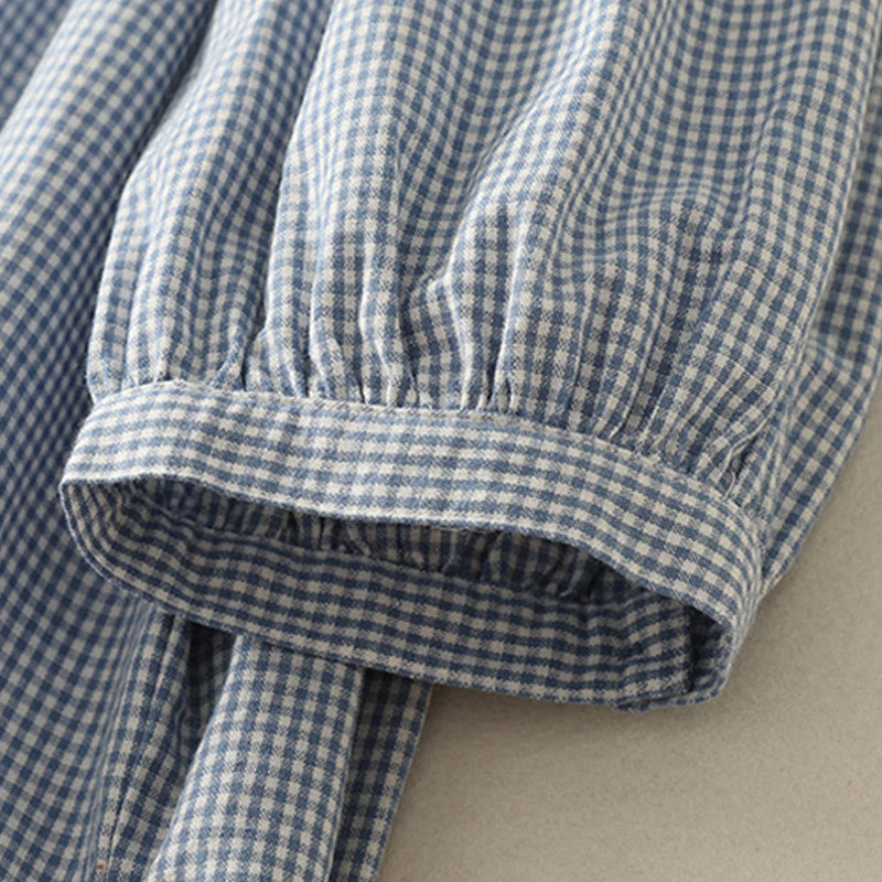 Buddha Stones Spring Plaid Rüschen Rundhalsausschnitt Design Dreiviertelärmel Baumwolle Damen Shirt - image 4