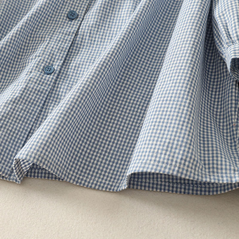 Buddha Stones Spring Plaid Rüschen Rundhalsausschnitt Design Dreiviertelärmel Baumwolle Damen Shirt - image 5