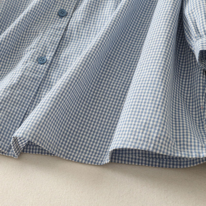 Buddha Stones Spring Plaid Rüschen Rundhalsausschnitt Design Dreiviertelärmel Baumwolle Damen Shirt - image 5