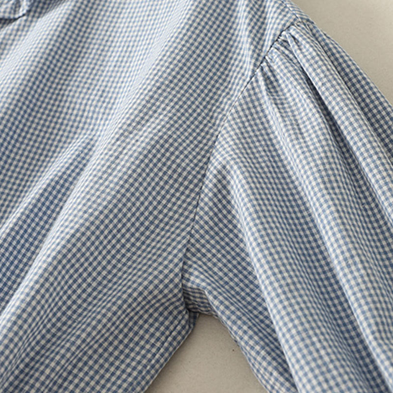 Buddha Stones Spring Plaid Rüschen Rundhalsausschnitt Design Dreiviertelärmel Baumwolle Damen Shirt - image 3