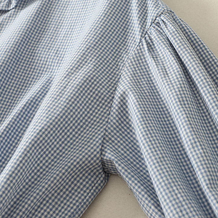Buddha Stones Spring Plaid Rüschen Rundhalsausschnitt Design Dreiviertelärmel Baumwolle Damen Shirt - image 3