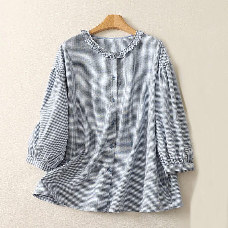 Buddha Stones Spring Plaid Rüschen Rundhalsausschnitt Design Dreiviertelärmel Baumwolle Damen Shirt - Hellblau - US14， UK/AU18，EU46 (2XL) - image 1