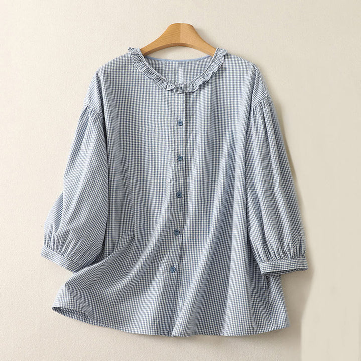 Buddha Stones Spring Plaid Rüschen Rundhalsausschnitt Design Dreiviertelärmel Baumwolle Damen Shirt - Hellblau - US14， UK/AU18，EU46 (2XL) - image 1