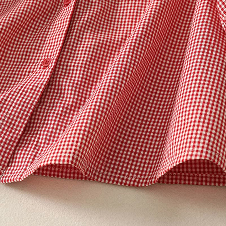 Buddha Stones Spring Plaid Rüschen Rundhalsausschnitt Design Dreiviertelärmel Baumwolle Damen Shirt - image 15