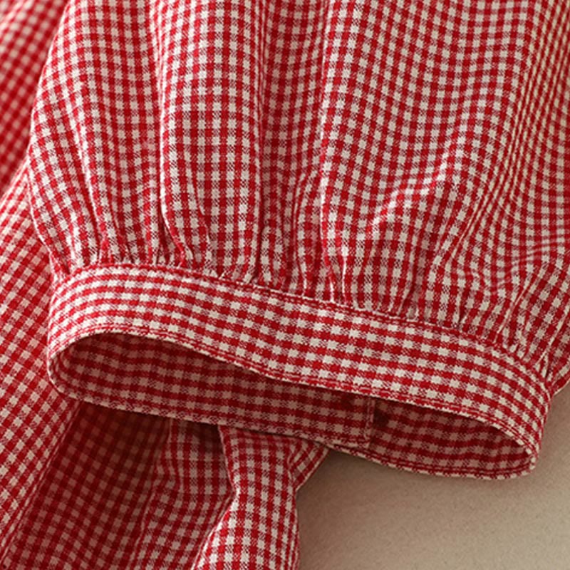 Buddha Stones Spring Plaid Rüschen Rundhalsausschnitt Design Dreiviertelärmel Baumwolle Damen Shirt - image 13