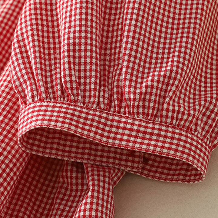 Buddha Stones Spring Plaid Rüschen Rundhalsausschnitt Design Dreiviertelärmel Baumwolle Damen Shirt - image 13