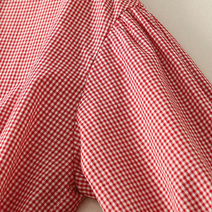 Buddha Stones Spring Plaid Rüschen Rundhalsausschnitt Design Dreiviertelärmel Baumwolle Damen Shirt - image 10