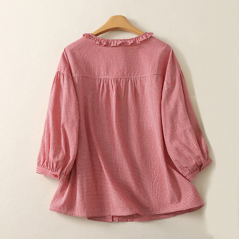 Buddha Stones Spring Plaid Rüschen Rundhalsausschnitt Design Dreiviertelärmel Baumwolle Damen Shirt - image 7