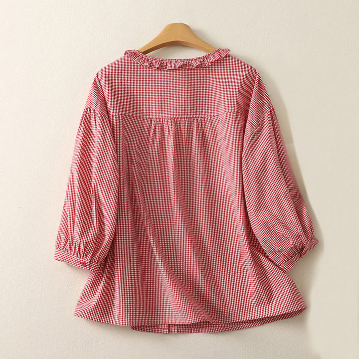 Buddha Stones Spring Plaid Rüschen Rundhalsausschnitt Design Dreiviertelärmel Baumwolle Damen Shirt - image 7