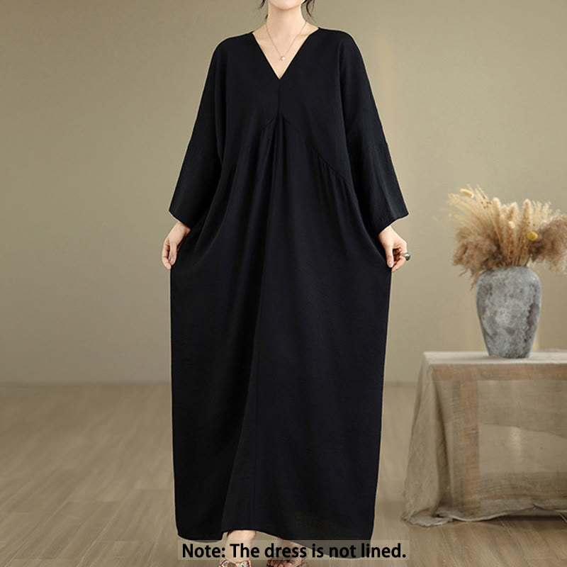 Buddha Stones Herbst-Midikleid aus reiner Baumwolle mit V-Ausschnitt und langen Ärmeln - image 1