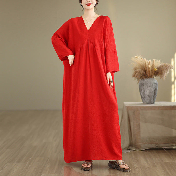 Buddha Stones Herbst-Midikleid aus reiner Baumwolle mit V-Ausschnitt und langen Ärmeln - Rot - US4-12, UK/AU8-18, EU36-46(F) - image 7