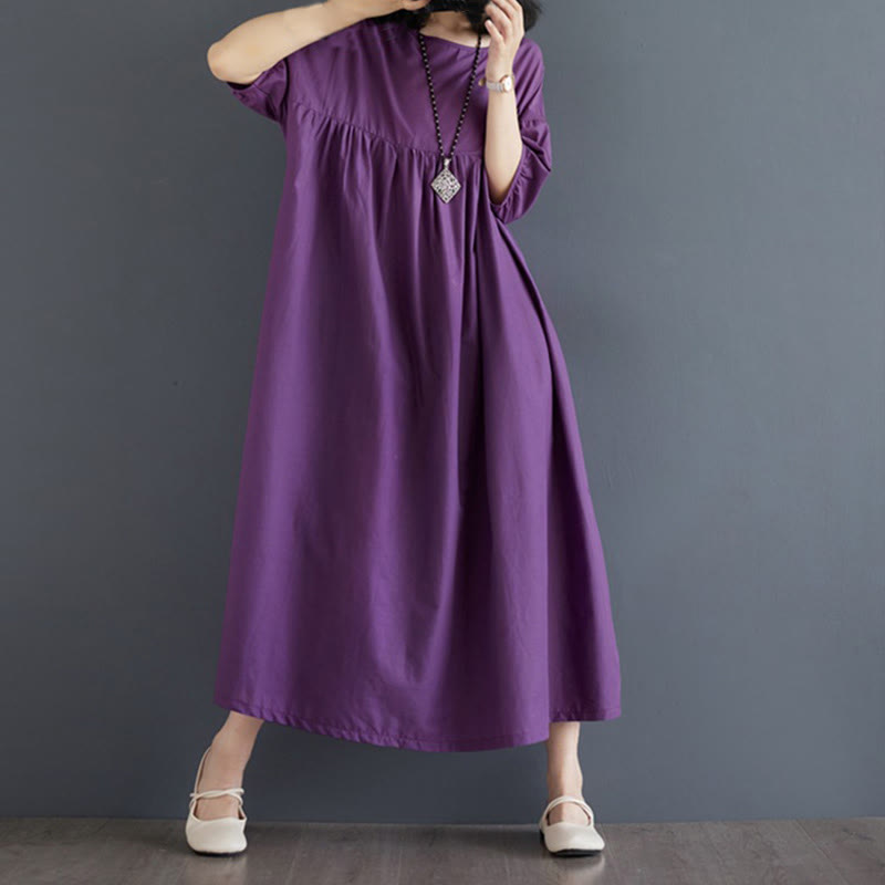 Buddha Stones – Einfarbiges Midikleid aus Baumwolle mit plissiertem Design, Rundhalsausschnitt und halben Puffärmeln - image 4