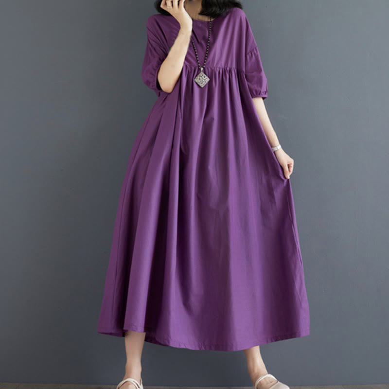 Buddha Stones – Einfarbiges Midikleid aus Baumwolle mit plissiertem Design, Rundhalsausschnitt und halben Puffärmeln - Lila - US14， UK/AU18，EU46 (2XL) - image 1