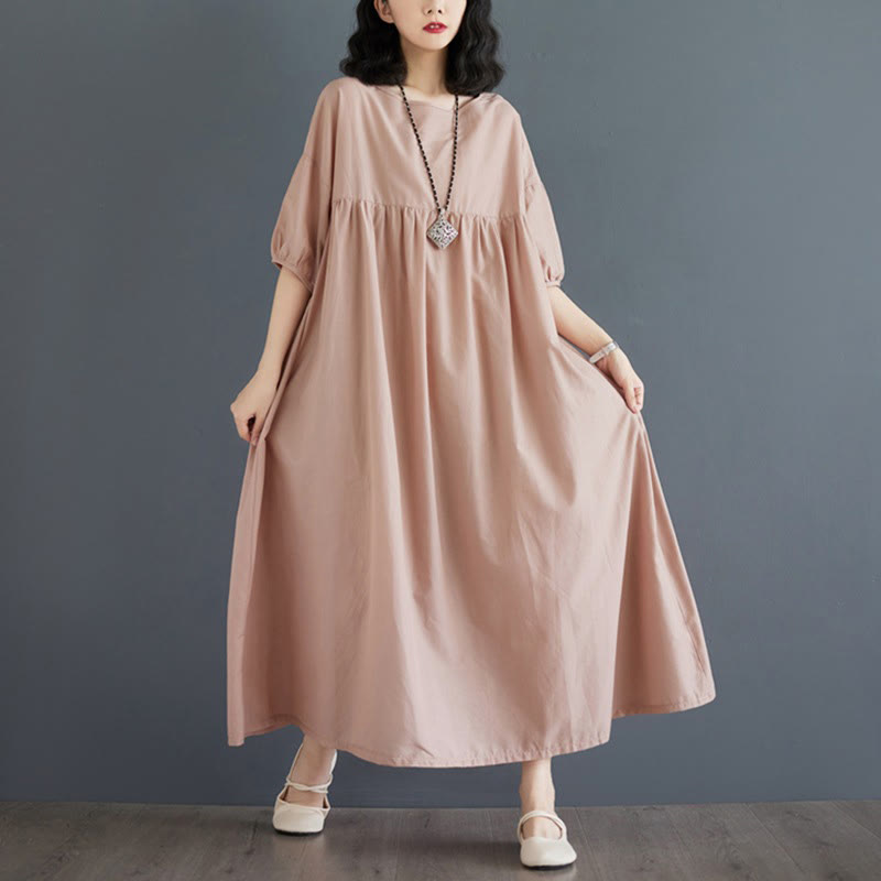 Buddha Stones – Einfarbiges Midikleid aus Baumwolle mit plissiertem Design, Rundhalsausschnitt und halben Puffärmeln - image 44