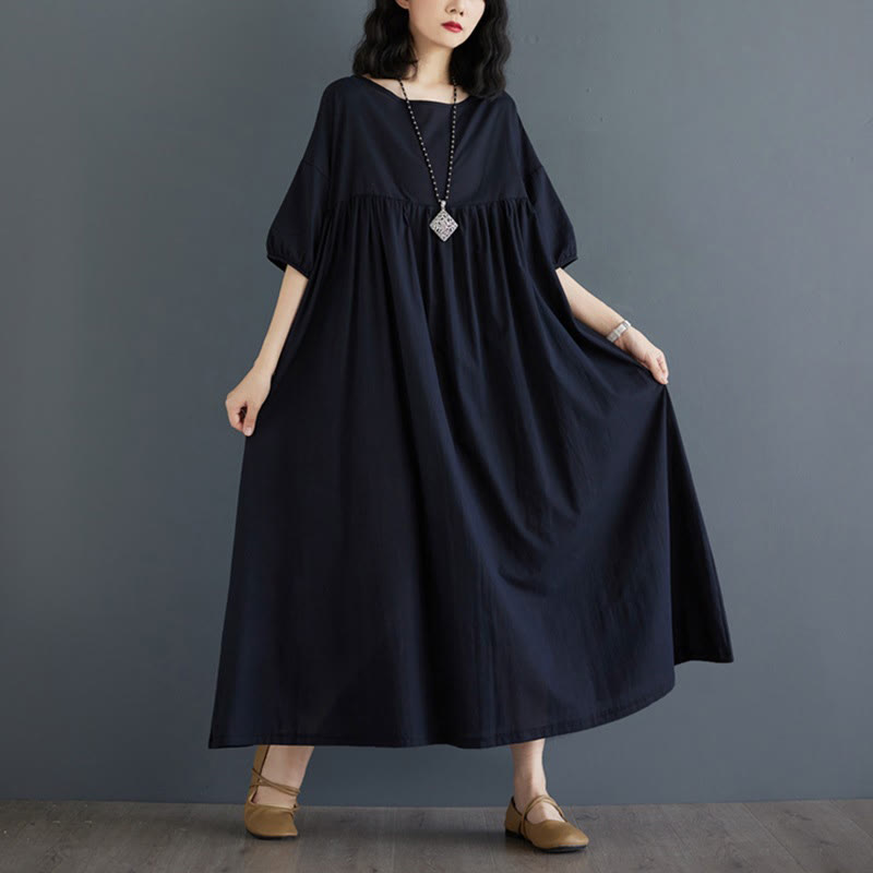 Buddha Stones – Einfarbiges Midikleid aus Baumwolle mit plissiertem Design, Rundhalsausschnitt und halben Puffärmeln - image 35