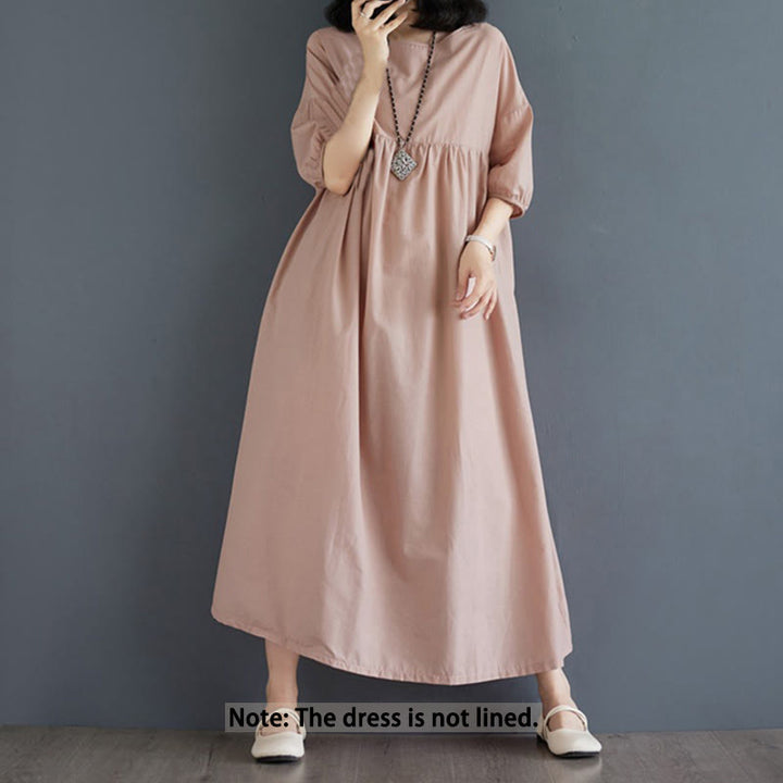 Buddha Stones – Einfarbiges Midikleid aus Baumwolle mit plissiertem Design, Rundhalsausschnitt und halben Puffärmeln - image 42