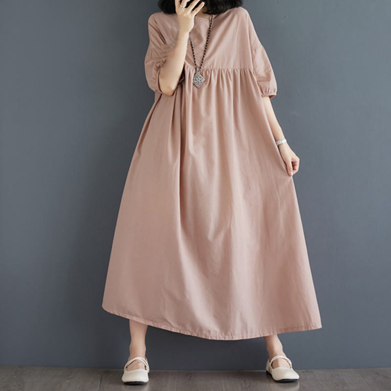 Buddha Stones – Einfarbiges Midikleid aus Baumwolle mit plissiertem Design, Rundhalsausschnitt und halben Puffärmeln - Pfirsichpuff - US14， UK/AU18，EU46 (2XL) - image 41