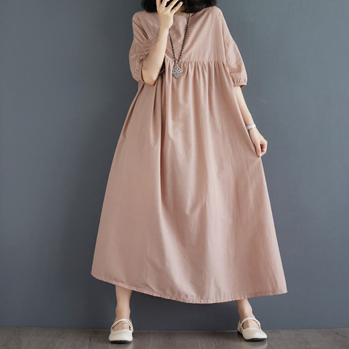 Buddha Stones – Einfarbiges Midikleid aus Baumwolle mit plissiertem Design, Rundhalsausschnitt und halben Puffärmeln - Pfirsichpuff - US14， UK/AU18，EU46 (2XL) - image 41