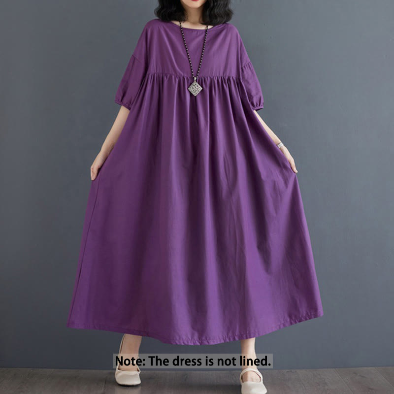 Buddha Stones – Einfarbiges Midikleid aus Baumwolle mit plissiertem Design, Rundhalsausschnitt und halben Puffärmeln - image 2