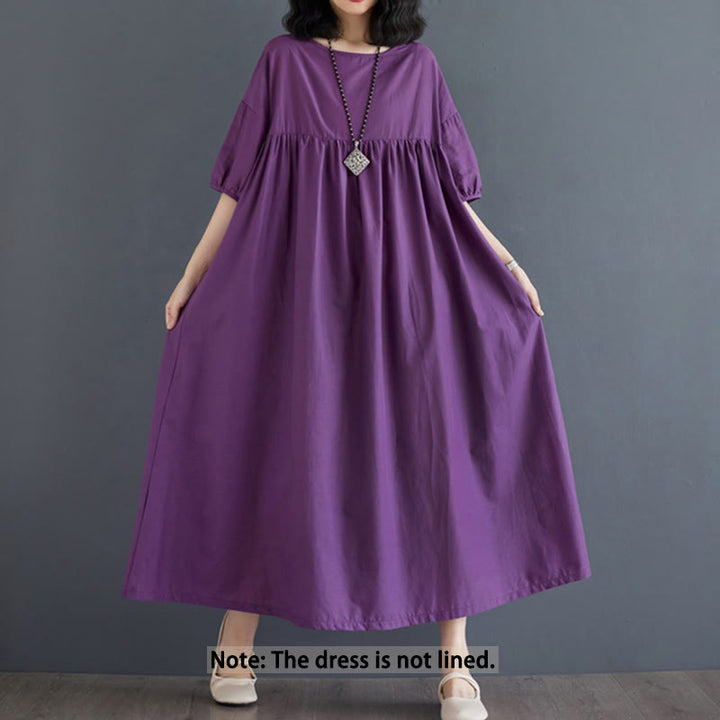 Buddha Stones – Einfarbiges Midikleid aus Baumwolle mit plissiertem Design, Rundhalsausschnitt und halben Puffärmeln - image 2