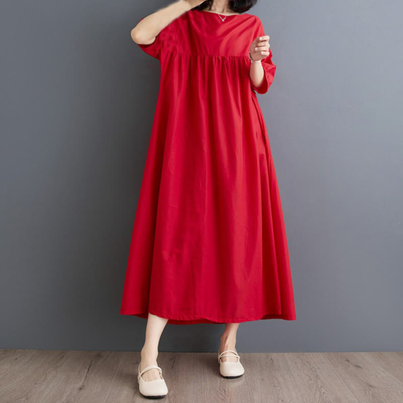 Buddha Stones – Einfarbiges Midikleid aus Baumwolle mit plissiertem Design, Rundhalsausschnitt und halben Puffärmeln - image 25
