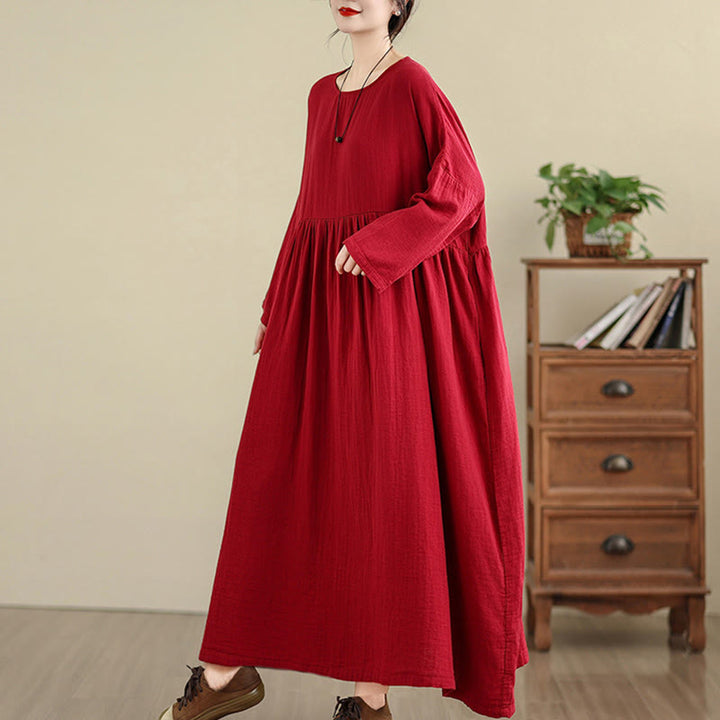 Buddha Stones Commute – Langärmliges Midikleid aus Baumwollleinen mit Taschen in reiner Farbe - image 19