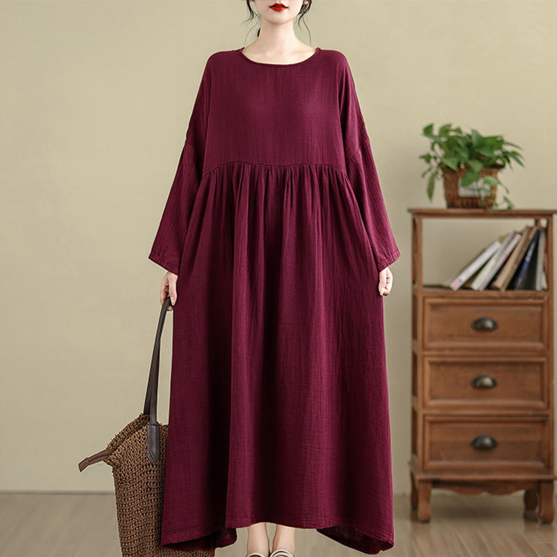 Buddha Stones Commute – Langärmliges Midikleid aus Baumwollleinen mit Taschen in reiner Farbe - DunkelMagenta - US4-12， UK/AU8-18，EU36-46(F) - image 9