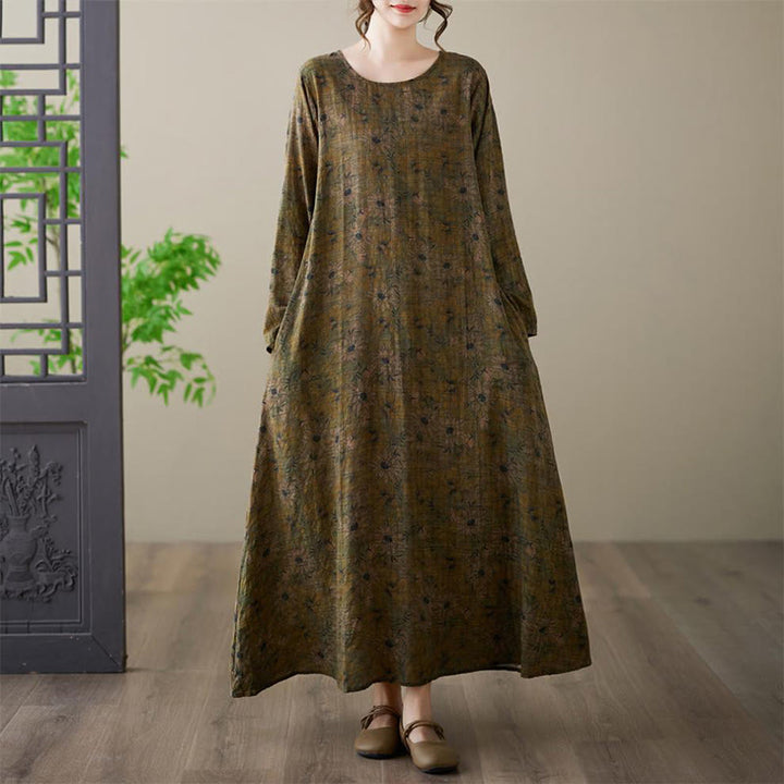 Buddha Stones – Maxikleid aus Baumwolle und Leinen mit Blumenmuster und langen Ärmeln und Taschen - image 5