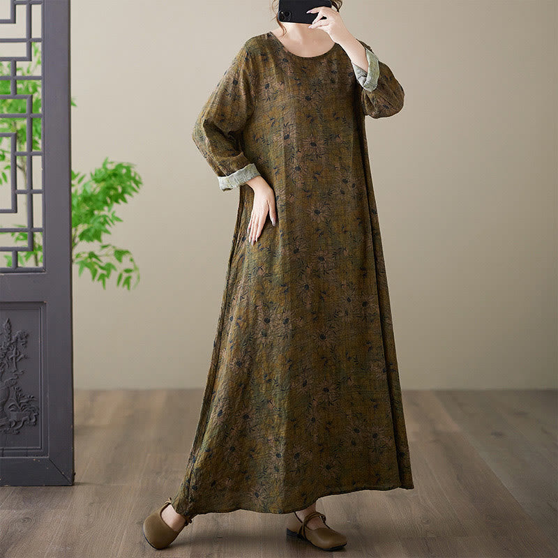 Buddha Stones – Maxikleid aus Baumwolle und Leinen mit Blumenmuster und langen Ärmeln und Taschen - image 3