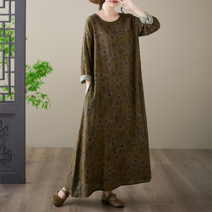 Buddha Stones – Maxikleid aus Baumwolle und Leinen mit Blumenmuster und langen Ärmeln und Taschen - image 3