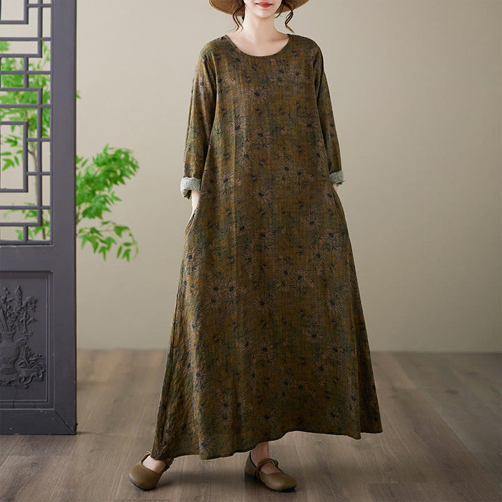 Buddha Stones – Maxikleid aus Baumwolle und Leinen mit Blumenmuster und langen Ärmeln und Taschen - Olive - US14， UK/AU18，EU46 (3XL) - image 1
