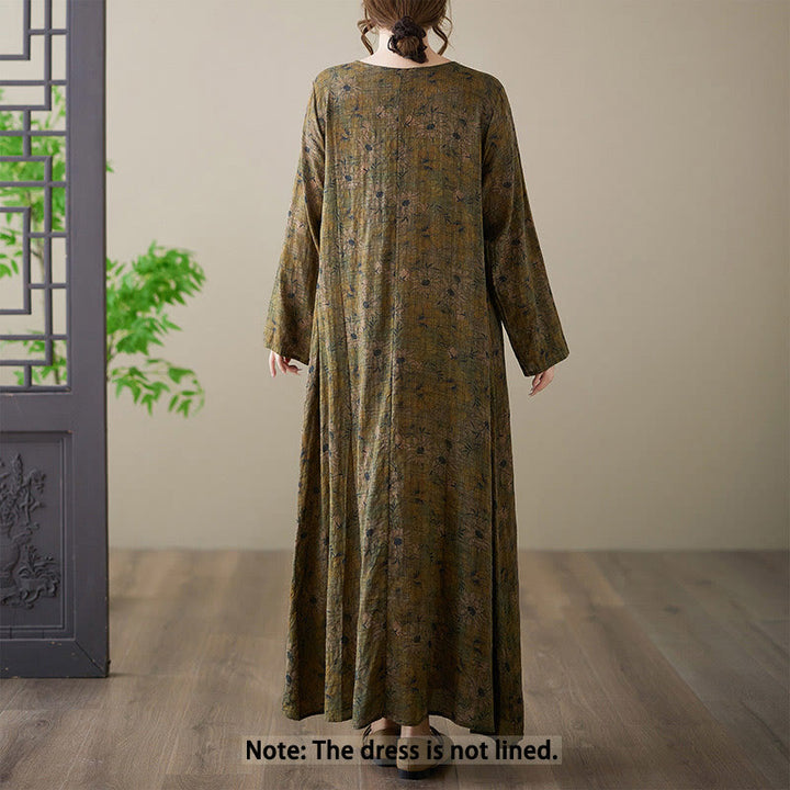 Buddha Stones – Maxikleid aus Baumwolle und Leinen mit Blumenmuster und langen Ärmeln und Taschen - image 1